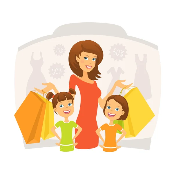 Mujer feliz con niños en las compras — Archivo Imágenes Vectoriales