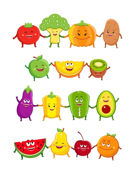 Vicces gyümölcsök és zöldségek karakter cartoon illusztráció — Stock Vector