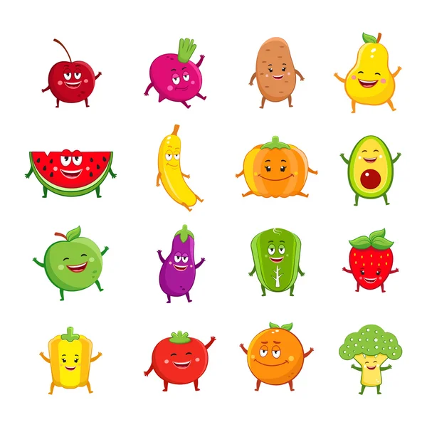Funny fruits and vegetables characters cartoon set — Stockový vektor