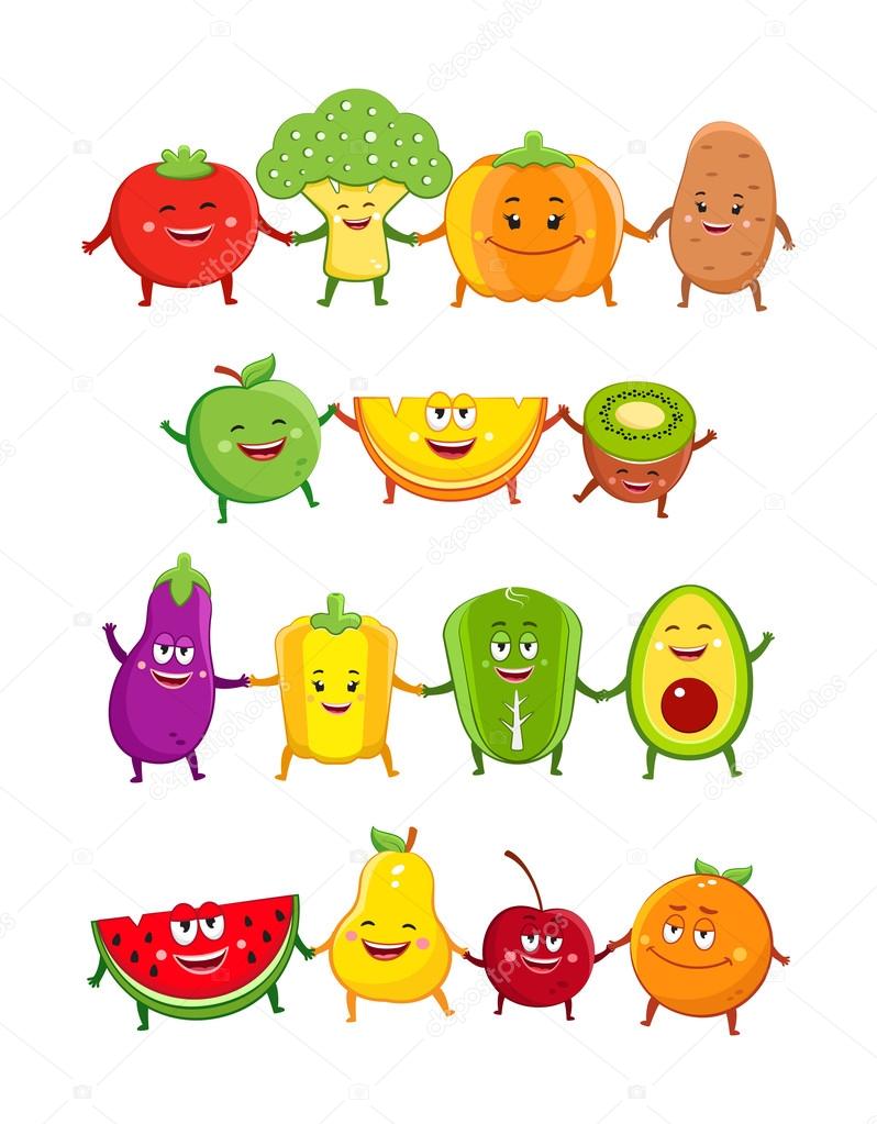 Funny fruits and vegetables characters cartoon illustration