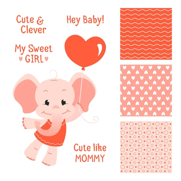 Baby elephant design set with seamless patterns — Stock Vector