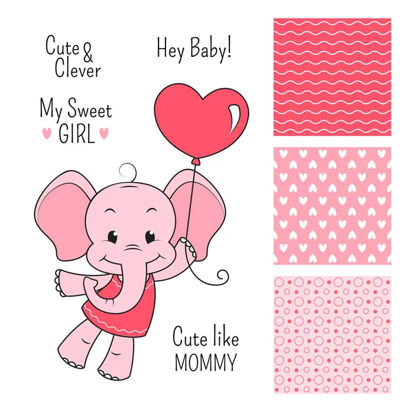 Baby elephant pink design set with seamless patterns — Stock Vector