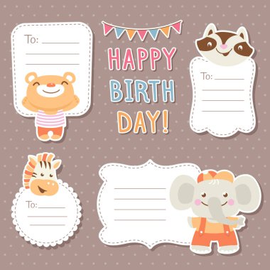 Karikatür hayvanlar tebrik kartları Etiketler ve stickerlar