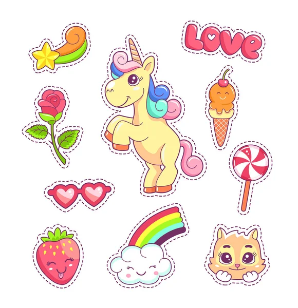 Adesivi set pop art stile comico con animali dei cartoni animati e cibo, unicorno, gattino, nuvola e arcobaleno — Vettoriale Stock