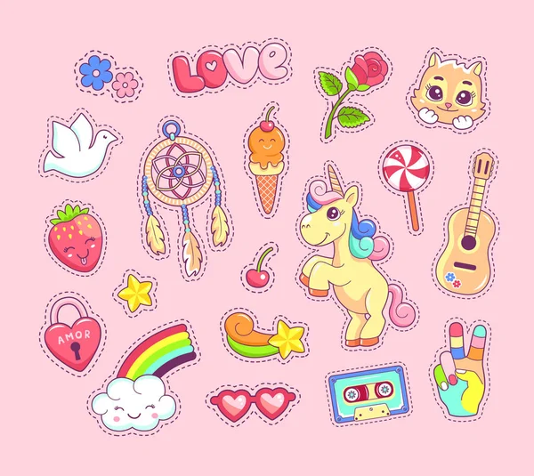 Adesivi pop art set stile comico con animali dei cartoni animati, unicorno, gattino, acchiappasogni, chitarra e arcobaleno — Vettoriale Stock