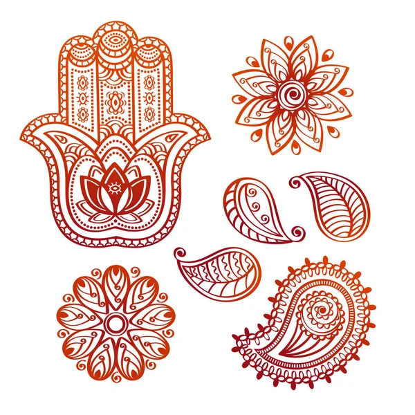 Tatuaż Mehndi doodle elementy z ręka Fatimy, lotosu orzechodajnego i paisley, na białym tle — Wektor stockowy
