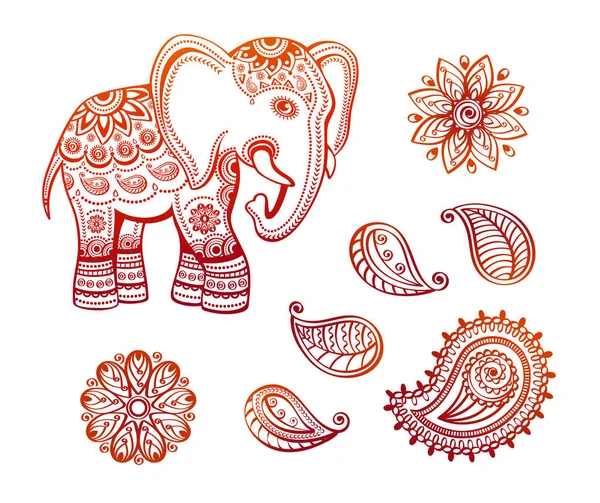 Hint etnik fil Afrika kabile ile lotus ve desenli kümesi süsler