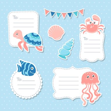 Sevimli deniz hayvanları tebrik kartları Etiketler ve stickerlar