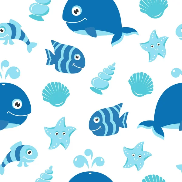 Modèle mignon sans couture avec des animaux de mer de dessin animé pour scrapbooking de douche de bébé et dessins d'anniversaire — Image vectorielle