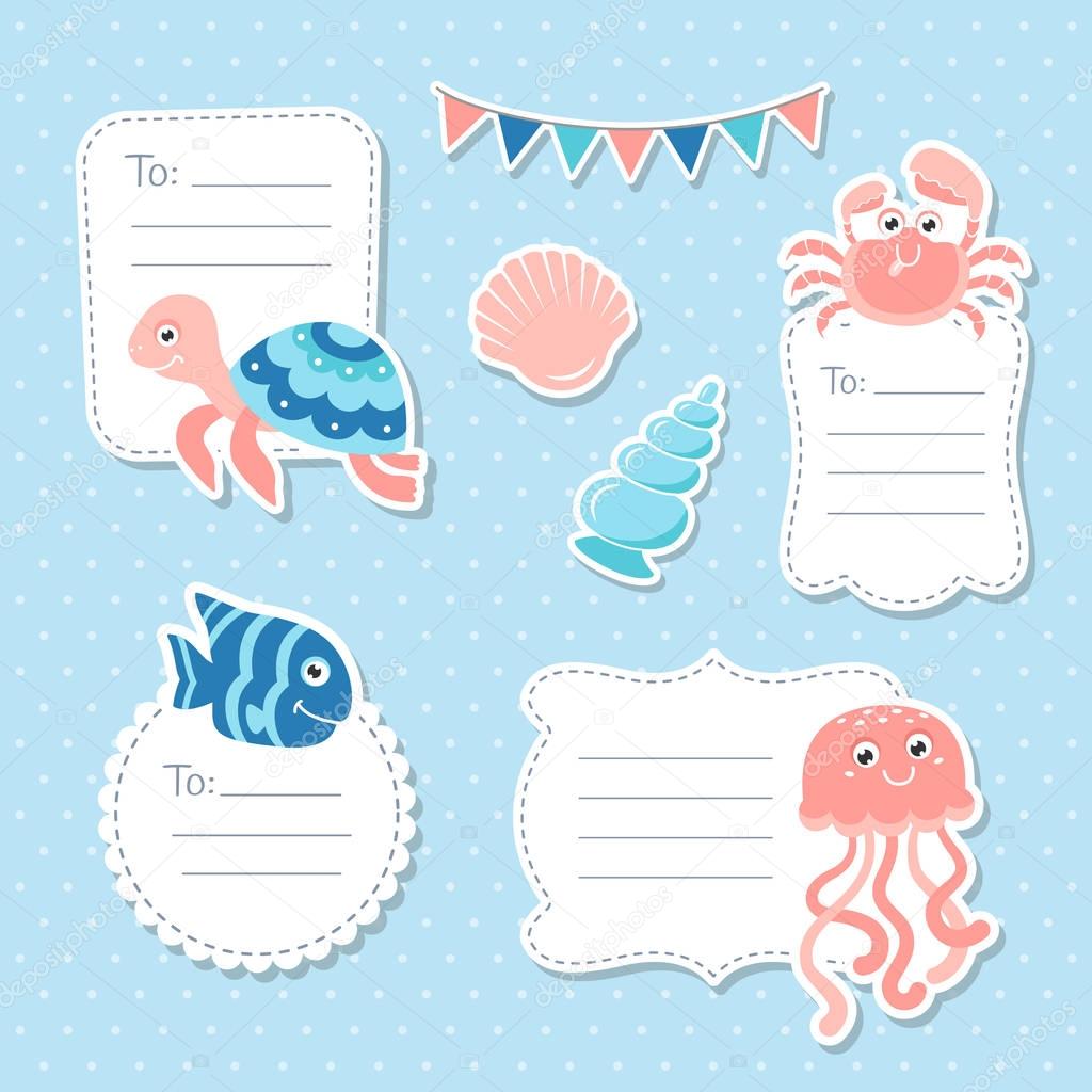 Cute sea animals greeting cards tags and stickers