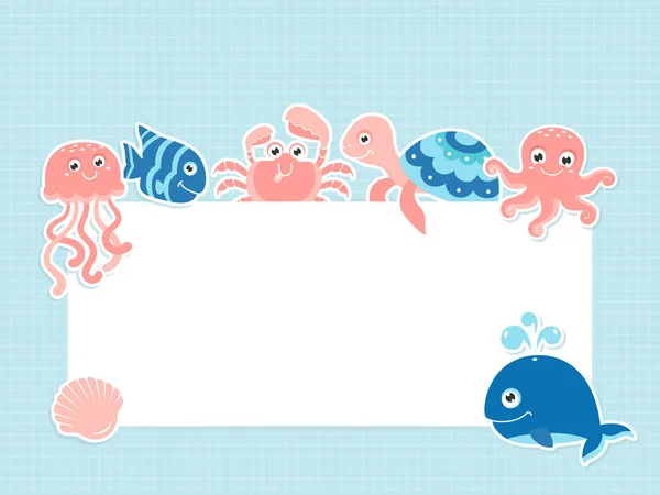 Modelo de cartão de saudação com animais marinhos bonitos e espaço de texto — Vetor de Stock
