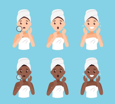 Kadın Cilt Bakımı. Yüz işlemden önce ve sonra. Yüz Cilt sorunları düz vektör set