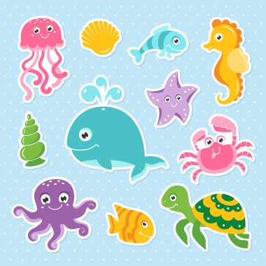 Sevimli deniz hayvanları ahtapot kaplumbağa balina seahorse ile okyanus ayarla