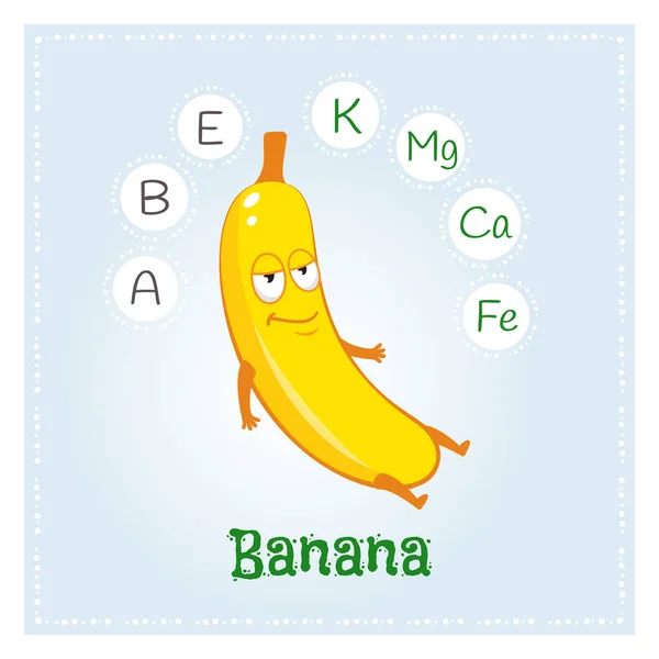 Витамины Минералы Банановых Фруктов Забавный Фруктовый Персонаж Иллюстрация Здорового Питания — стоковый вектор