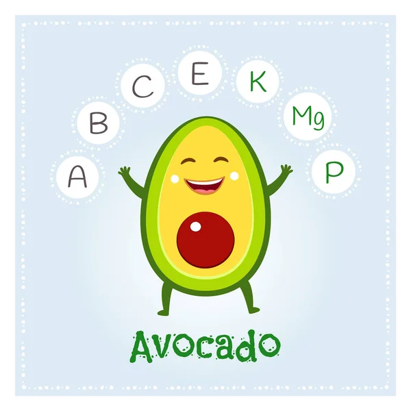 Avocado Groenten Vitaminen Mineralen Grappige Fruit Karakter Illustratie Van Gezonde — Stockvector