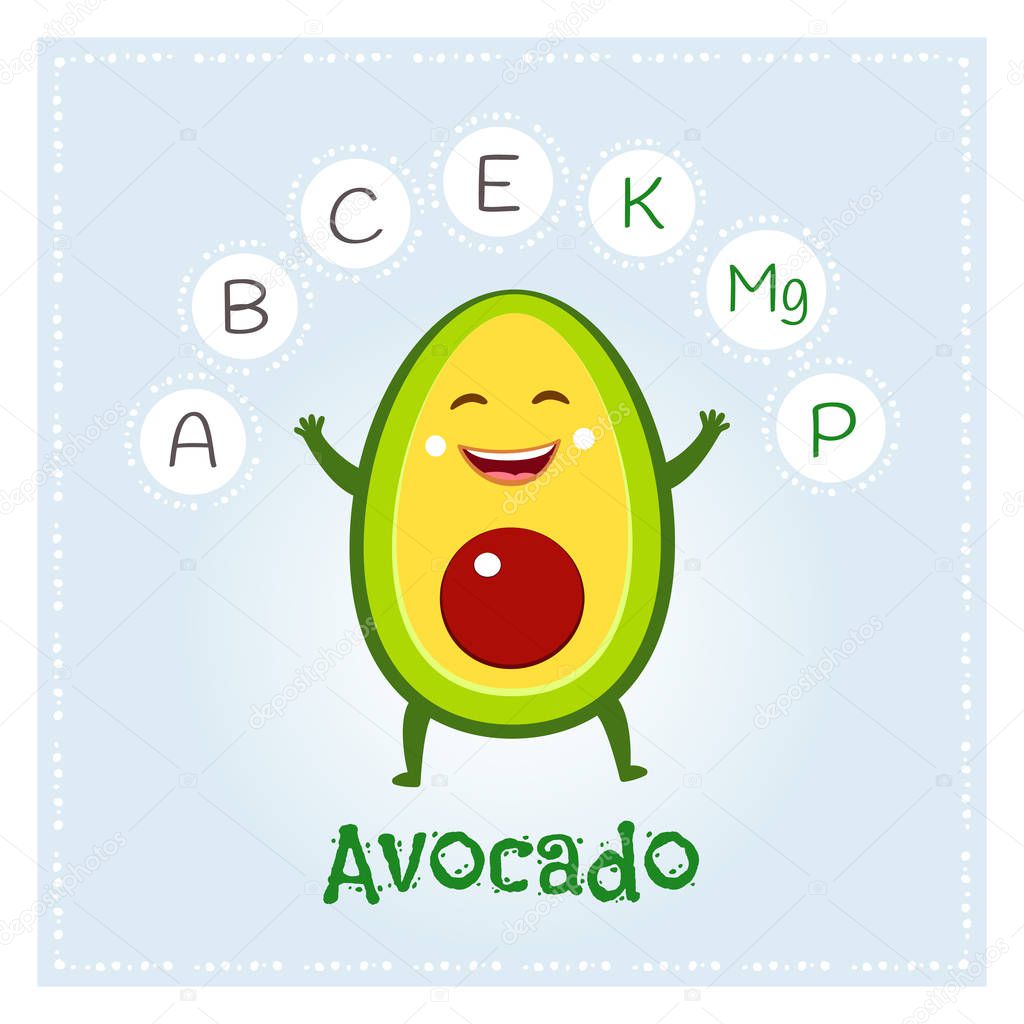 Avocado fruit vitamins and minerals. Funny fruit character. Healthy food illustration