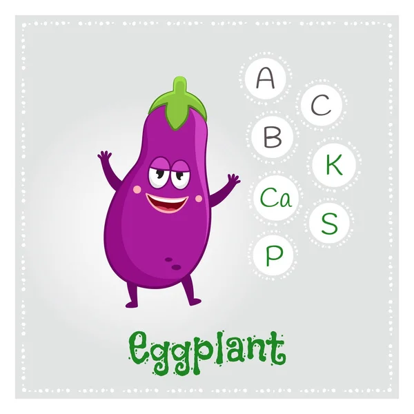 Eggplant Vegetable Vitamins Minerals Funny Vegetable Character Healthy Food Illustration — Stock Vector