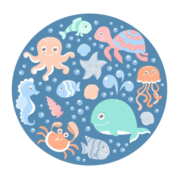 Ocean Set Cute Sea Animals Blue Card — Stock Vector