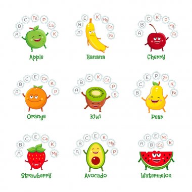 Vitamin ve mineraller ile komik meyve karakter. Sağlıklı gıda Icons set