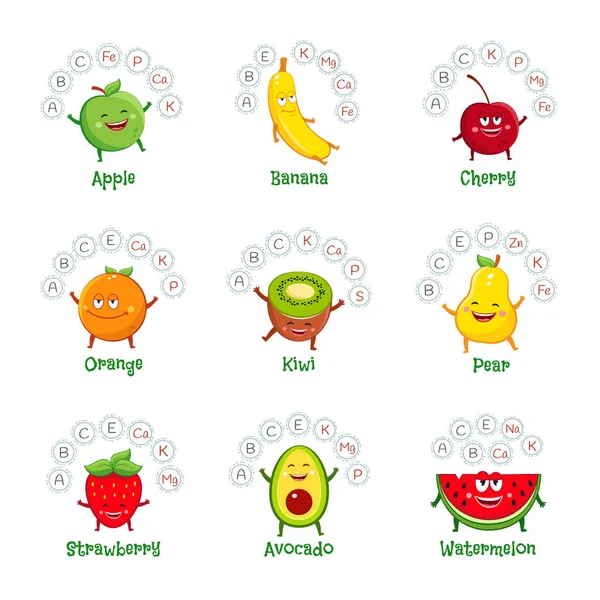 Personajes Divertidos Frutas Con Vitaminas Minerales Conjunto Iconos Alimentos Saludables — Vector de stock