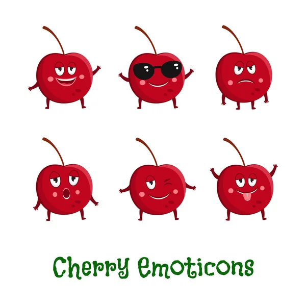 Cherry Úsměvy Roztomilý Kreslený Emotikony Emoji Ikony — Stockový vektor