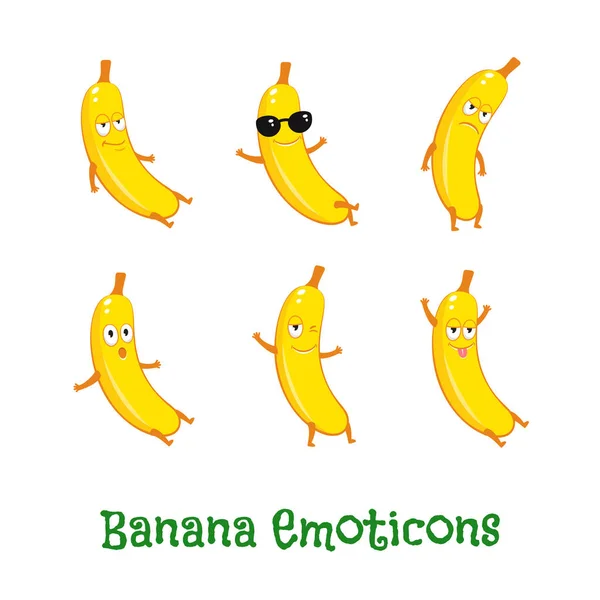 Banana Sonríe Emoticones Dibujos Animados Lindos Emoji Iconos — Vector de stock