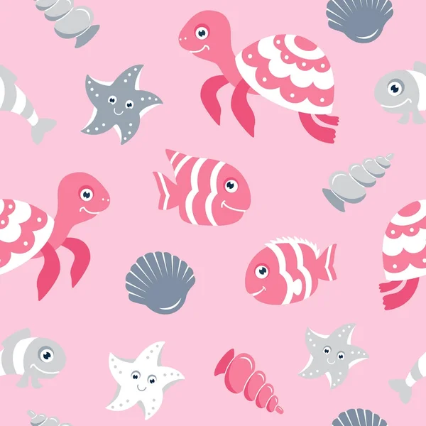 Cute Seamless Pattern Sea Animals Baby Shower Scrapbooking Designs — Stock Vector