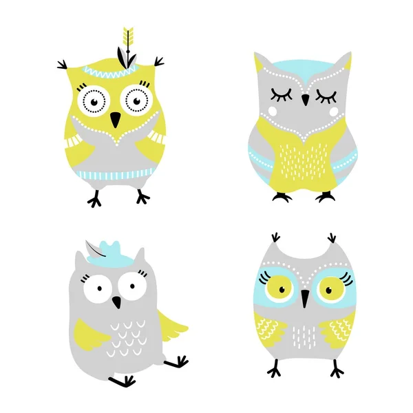 Cute Cartoon Owls Hand Drawn Vector Set — Stock Vector