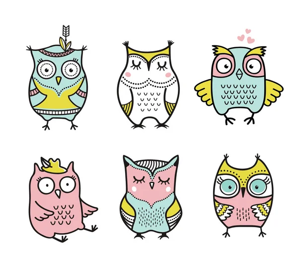 Cute Cartoon Hand Drawn Owls Vector Set — Stock Vector