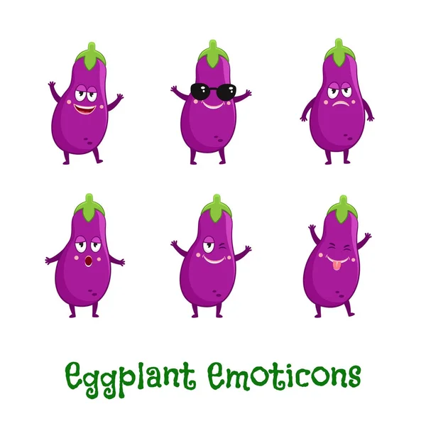 Patlıcan Gülümsüyor Sevimli Çizgi Emoticons Emoji Simgeler — Stok Vektör