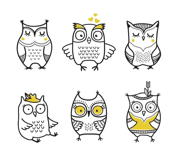 Cute Hand Drawn Owls Vector Set — Stock Vector