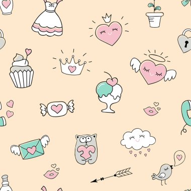 Kalp ve sevgi ile Seamless Modeli doodles. Desen herhangi bir görünür dikişleri tekrar edilebilir