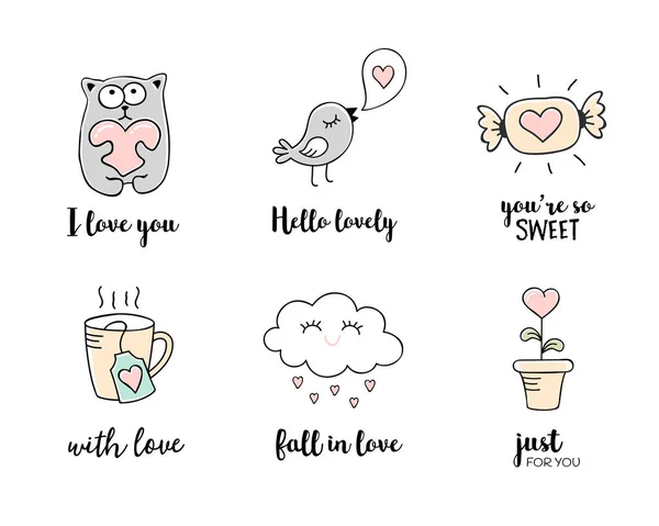 Láska Čmáranice Ručně Kreslené Symboly Lásky Valentines Den Citáty — Stockový vektor