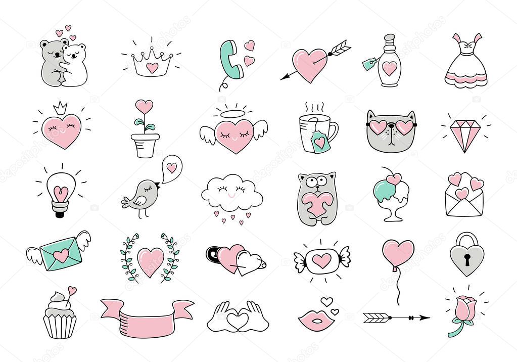 Love symbols and hand drawn Valentines day icons