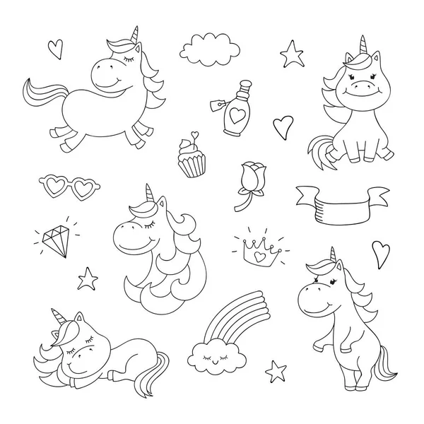 Magical Doodles Unicorn Clouds Cupcake Diamond Vector Set — Stock Vector