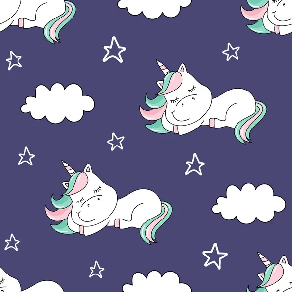 Patrón Sin Costuras Con Unicornio Soñador Nubes Patrón Puede Repetir — Vector de stock