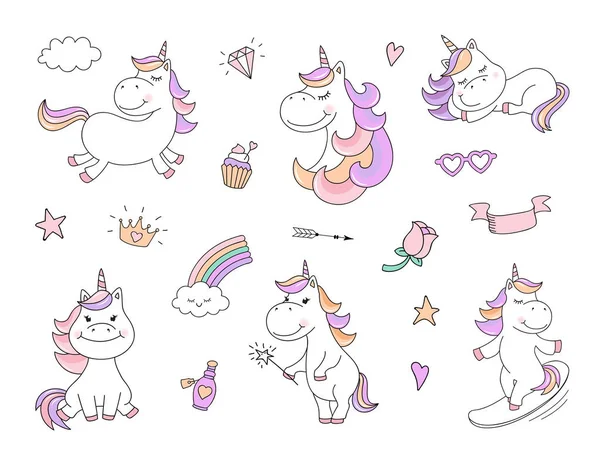 Carino Personaggi Unicorno Con Cose Magiche — Vettoriale Stock