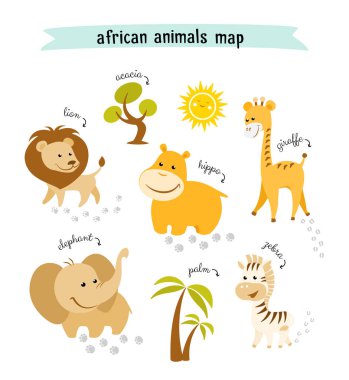 Afrika hayvanları vektör harita ağaçlar ve hayvan ayak izleri