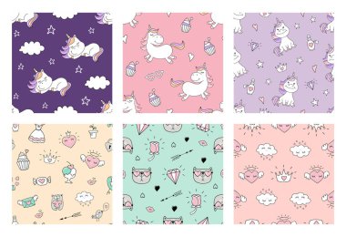 Tek boynuzlu at ve sevgi karalamalar ile şirin Dikişsiz desen. Vektör set