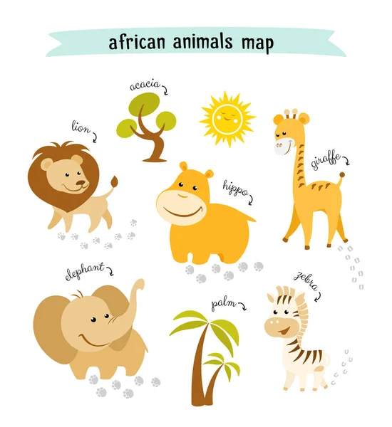 African Animals Vector Map Trees Animal Footprints — Stock Vector