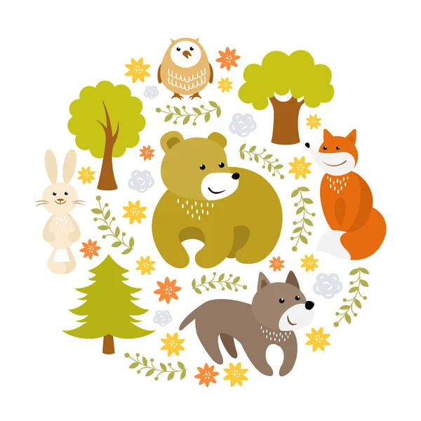 Cute Cartoon Forest Animals Vector Illustration — Stock Vector