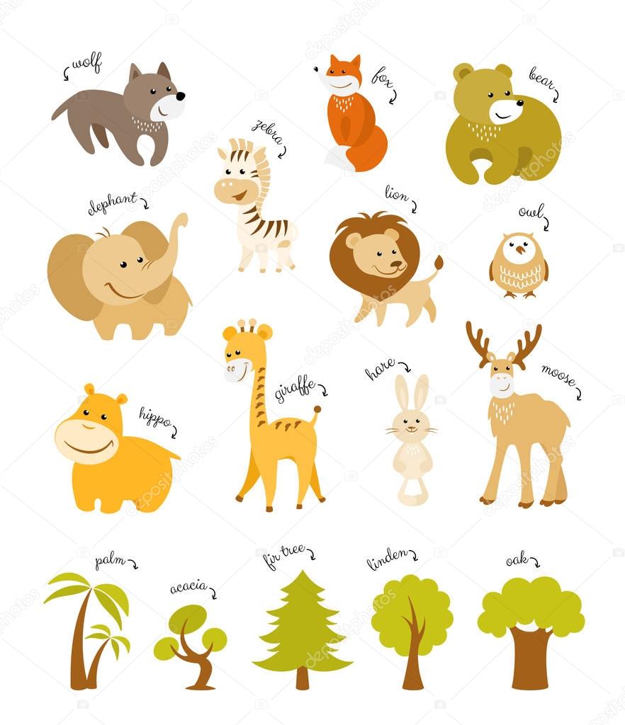 Cute animals vector set. Forest animals and african animals with trees on white background