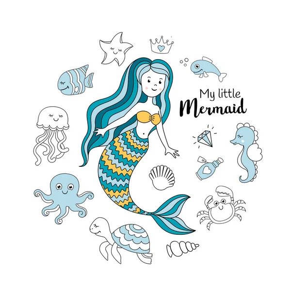 Cute Little Mermaid Sea Animals Sea Vector Illustration Little Mermaid — Stock Vector