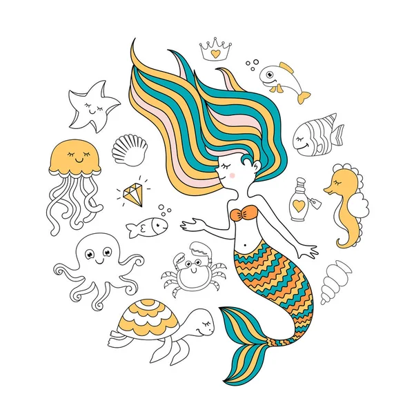 Jolie Petite Sirène Avec Des Animaux Marins Illustration Sous Vecteur — Image vectorielle