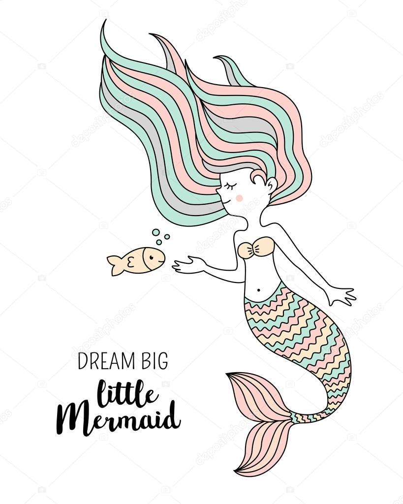 Cute little mermaid with fish. Under the sea vector illustration. Dream big little mermaid