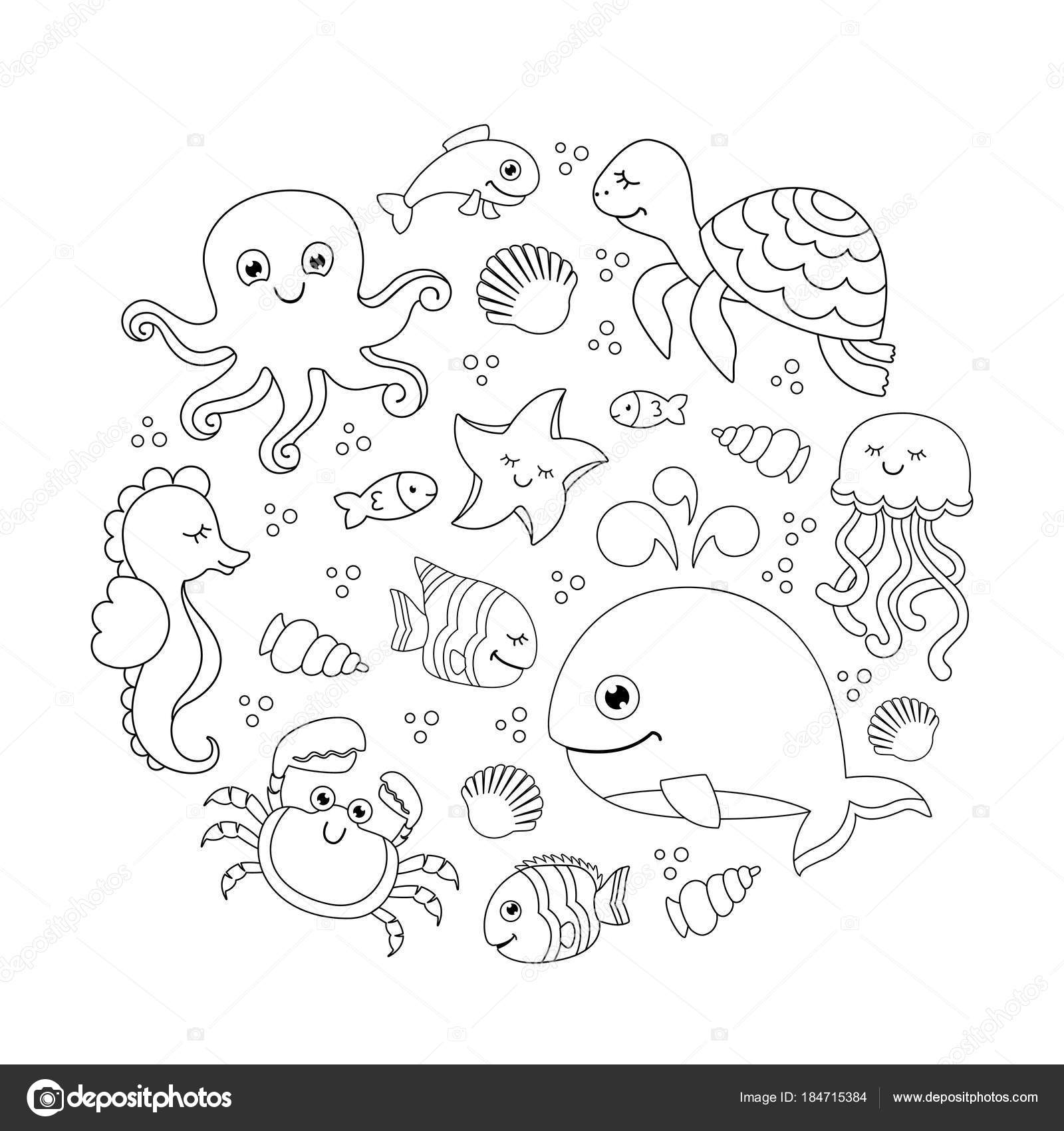 Ocean Set Cute Sea Animals Sea Pattern Linear Drawing Stock Vector Image by  ©Teneresa #184715384
