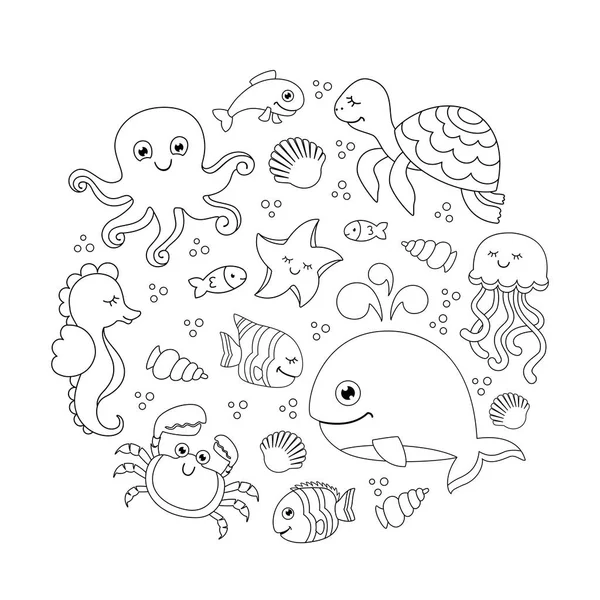 Ocean Set Cute Sea Animals Sea Pattern Linear Drawing — Stock Vector