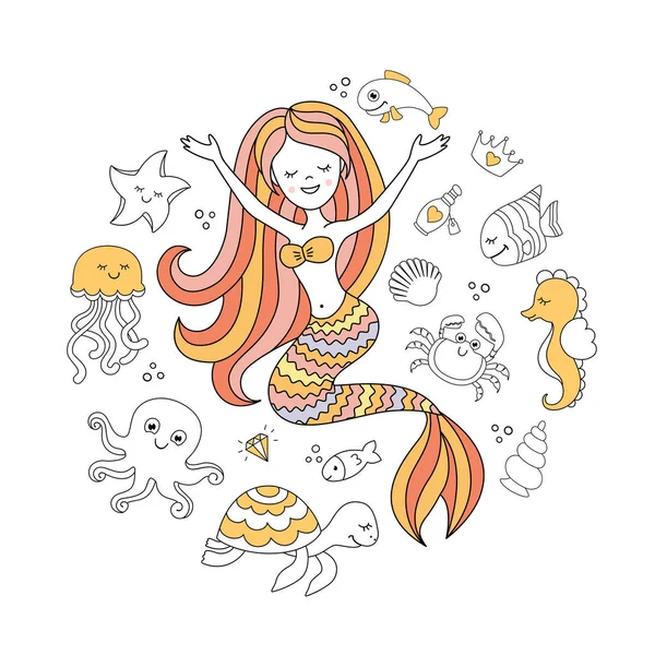 Cute Little Mermaid Sea Animals Sea Vector Illustration — Stock Vector