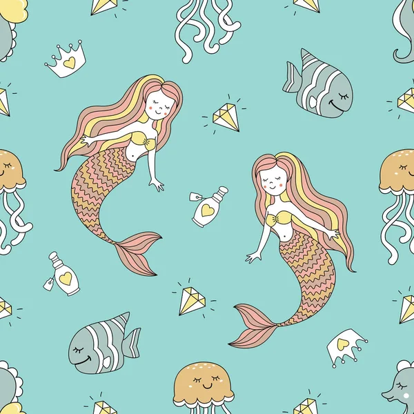 Cute Seamless Pattern Mermaids Sea Animals Pattern Can Repeated Any — Stock Vector