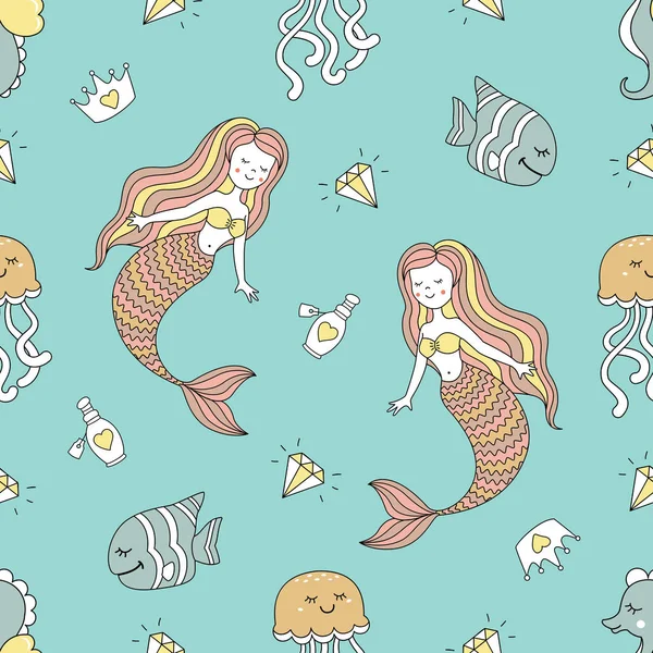 Cute Seamless Pattern Mermaids Sea Animals Pattern Can Repeated Any Vector Graphics